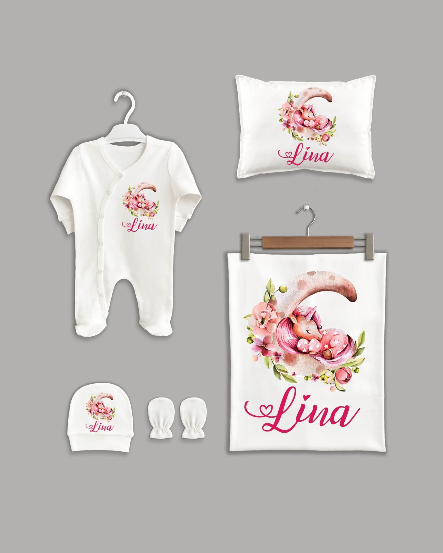 Ayda Uyuyan Unicorn Modeli 5'li Organik İsme Özel Hastane Çıkışı